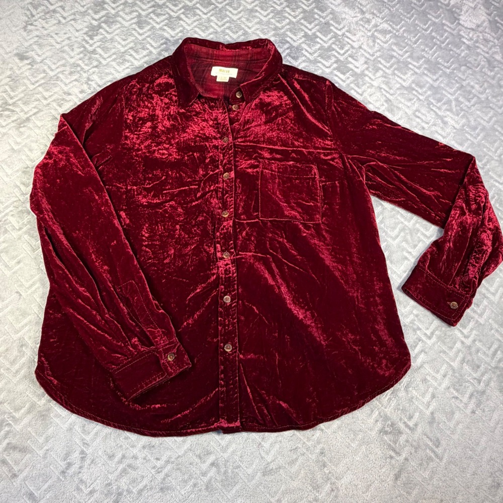 Maeve Anthropologie Velvet Button Down Shirt Blouse Red Burgundy 10 Holiday Boho